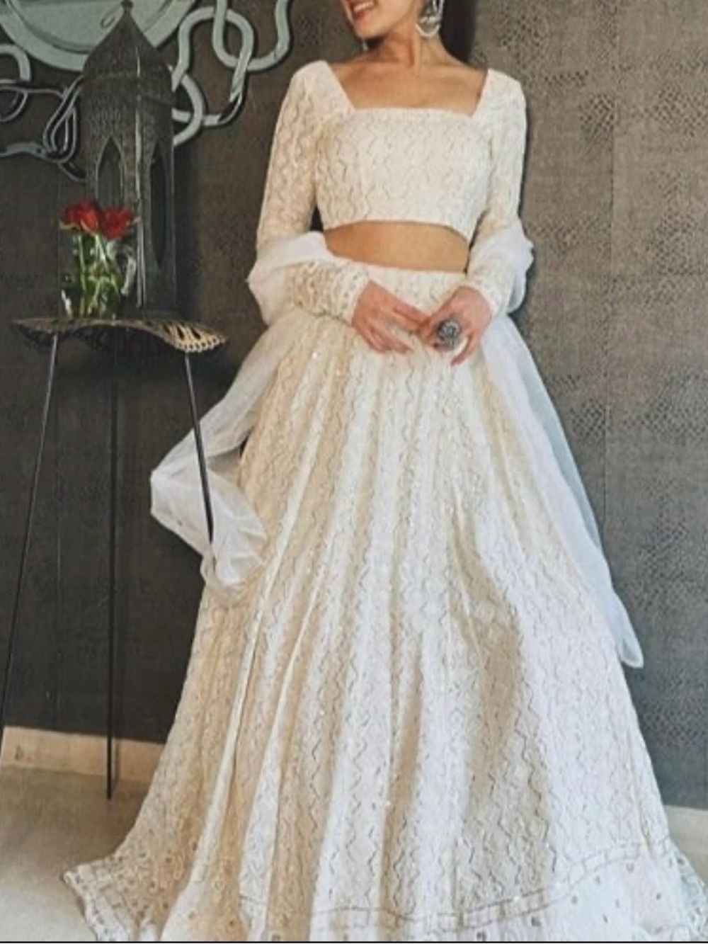 Latest wedding designer Lehenga. Ivory Lace ThreePiece Lehenga with Long Sleeves